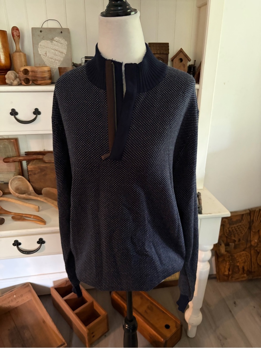 Peter Millar Navy Textured Zip Mockneck Sweater